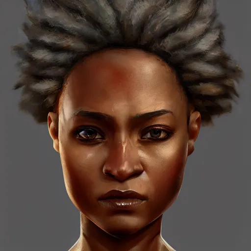 Image similar to beautiful, very strong, african american, female, middle aged, face, no makeup, no tattoos, warrior, battle hardened, head shot, fantasy, highly detailed, digital painting, artstation, concept art, smooth, sharp focus, illustration, art by jodie muir and brom