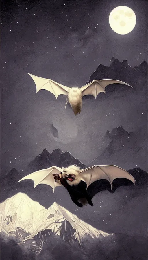 Image similar to a white bat, flying against a dark black night sky, mountain in the background, moonlight, denoised, very detailed, painted by, norman rockwell, tom bagshaw