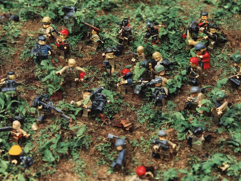 Image similar to vietnam war lego - figurines fighting in dense jungle, fog, vines, lot's of action, explosions, bullets flying, tracer bullets, blood, 1 9 7 0, military archive photo