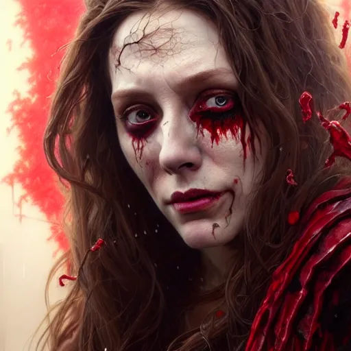 Image similar to portrait painting of zombified scarlet witch decaying, ultra realistic, concept art, intricate details, eerie, highly detailed, photorealistic, octane render, 8 k, unreal engine. art by artgerm and greg rutkowski and charlie bowater and magali villeneuve and alphonse mucha