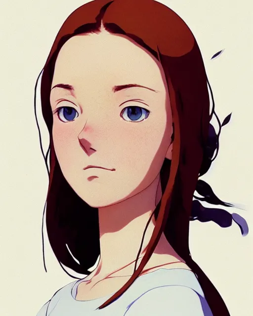 Image similar to young southern woman, freckle, ginger hair, sad cerulean eyes, simple cream dress, detailed perfect face, exquisite details, mid view, design on a white background, by studio muti, greg rutkowski makoto shinkai takashi takeuchi studio ghibli