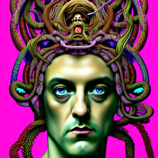 Image similar to an extremely psychedelic portrait of aleistercrowley as medusa, surreal, lsd, face, detailed, intricate, elegant, lithe, highly detailed, digital painting, artstation, concept art, smooth, sharp focus, illustration