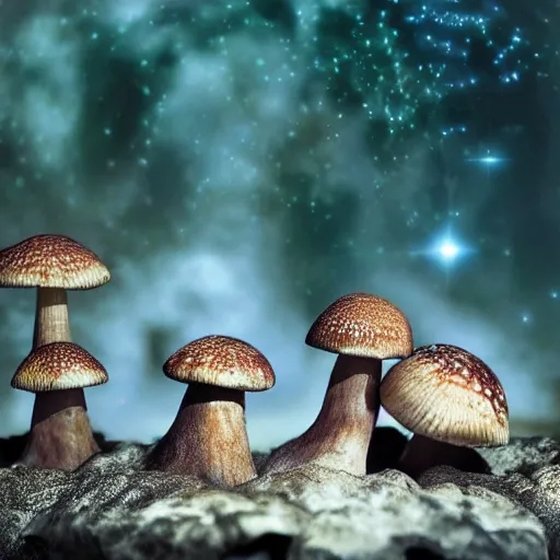 Prompt: ultra realistic hdr photo of mushrooms growing on an ancient alternative exotic alien planet in a galaxy far far away