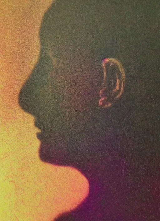 Prompt: a woman's face in profile, made of dried rainbow, in the style of Rembrandt and Gregory Crewdson, dark and moody