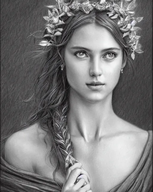 Prompt: pencil drawing of the beautiful greek goddess aphrodite wearing a laurel wreath with arrowhead earrings, piercing eyes, beautiful flowing hair, hyper realistic face, in the style of greg rutkowski, fantasy, amazing detail, epic, elegant, smooth, sharp focus