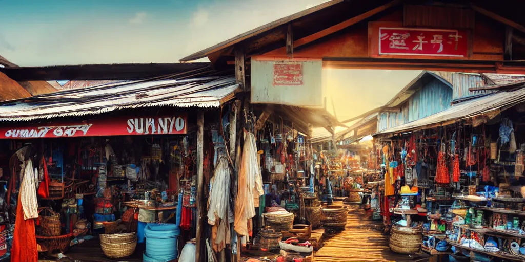 Image similar to extreme close - up of a sundry shop at pulau indah fishing village, near a jetty, early morning, detailed matte painting, low angle view, telephoto lens, bokeh, studio ghibli, artstation