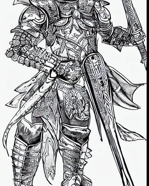 Prompt: fantasy warrior in full armor, simple smooth line art, plain, extremely clean, uncluttered, basic, trending on artstation,