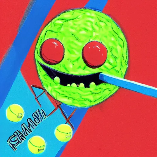 Image similar to a eminem slim shady tennis ball monster, tennis ball, lightning, chalk, digital art, fantasy, magic, trending on artstation, ultra detailed, professional illustration by Basil Gogos