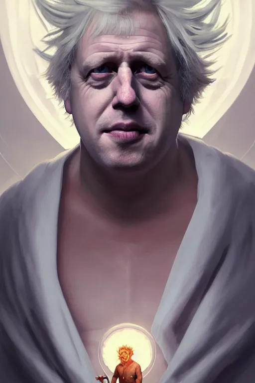 Image similar to Boris Johnson as Rick Sanchez, one eyebrow, white robe, big eyes, 3d octane render, symmetrical, highly detailed, digital painting, artstation, concept art, smooth, sharp focus, illustration, cinematic lighting, art by artgerm and greg rutkowski and alphonse mucha