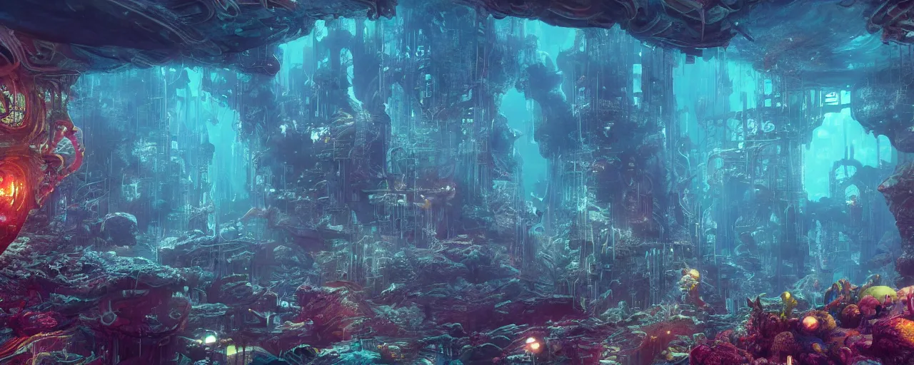 Image similar to ” underwater otherwordly city, [ deepsea, cinematic, detailed, epic, widescreen, opening, establishing, mattepainting, photorealistic, realistic textures, octane render, art by slop and paul lehr ] ”