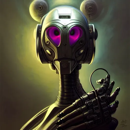 Image similar to front low angle shot of a cyberpunk gazmask robot character, intricate, elegant, highly detailed, centered, digital painting, artstation, concept art, smooth, sharp focus, illustration, artgerm, Tomasz Alen Kopera, Peter Mohrbacher, donato giancola, Joseph Christian Leyendecker, WLOP, Boris Vallejo