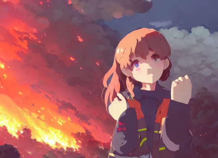 Image similar to firefighter girl, crumbling building background arson landscape illustration concept art anime key visual trending pixiv fanbox by wlop and greg rutkowski and makoto shinkai and studio ghibli and kyoto animation fireproof clothing hardware gear