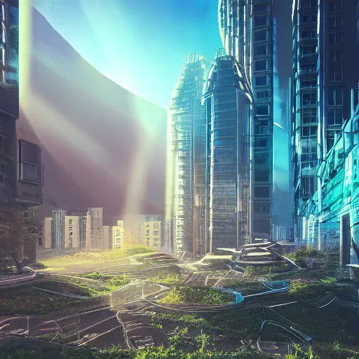 Image similar to photo of a futuristic solarpunk city, ground level, sunset, hdr god rays