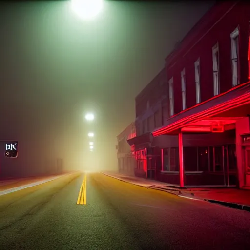 Prompt: A stunningly beautiful award-winning down angle 8K high angle cinematic movie photograph of a dark foggy main intersection in an abandoned 1950s small town at night, by Edward Hopper and David Fincher and Darius Khonji, cinematic lighting, perfect composition, moody low key volumetric light. Color palette from Seven, greens yellows and reds. 2 point perspective, high angle from 15 feet off the ground. Octane render, cgsociety