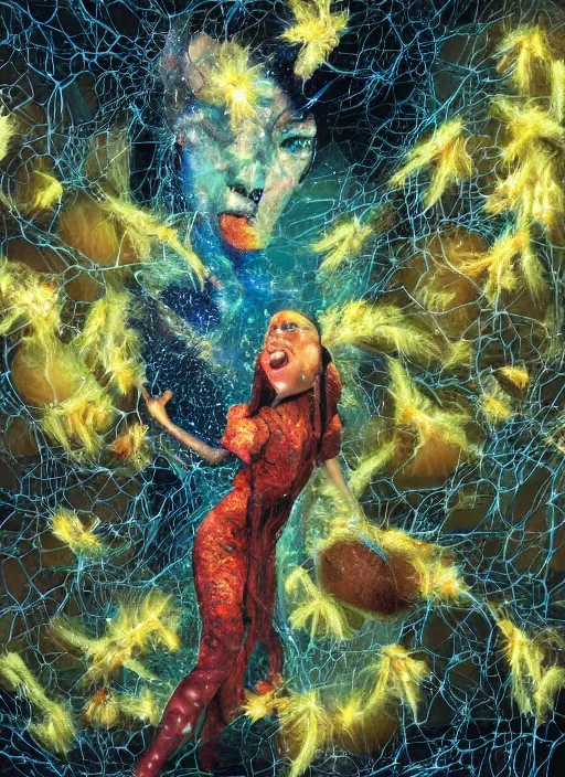 Image similar to hyper detailed 3d render like a chiariscuro Oil painting with focal blur - Aurora (Singer) looking adorable and seen in dynamic pose joyfully Eating of the Strangling network of glowing and milky Fruit and Her delicate Hands hold of gossamer polyp blossoms bring iridescent fungal flowers whose spores black the foolish stars to her smirking mouth by Jacek Yerka, Mariusz Lewandowski, Houdini algorithmic generative render, Abstract brush strokes, Masterpiece, Edward Hopper and James Gilleard, Zdzislaw Beksinski, Mark Ryden, Wolfgang Lettl, hints of Yayoi Kasuma, octane render, 8k