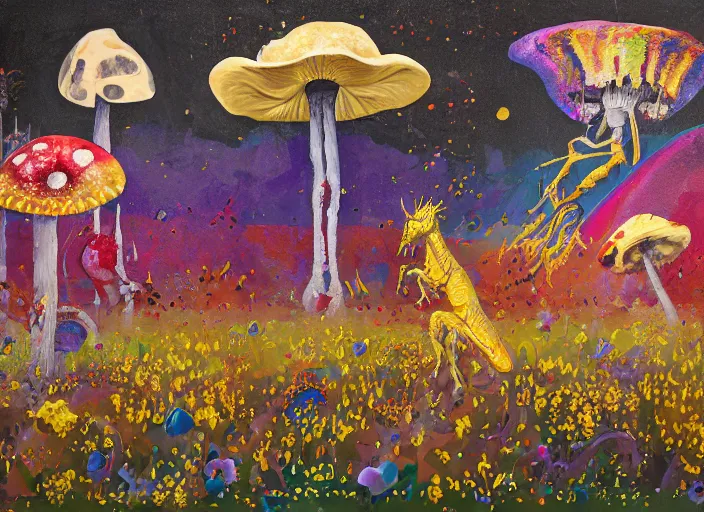 Image similar to expressionistic decollage painting golden armor alien zombie horseman riding on a translucent bone dragon broken rainbow diamond maggot horse in a blossoming meadow full of colorful mushrooms and golden foil toad blobs in a golden sunset, distant forest horizon, painted by Adrian Ghenie, Danny Fox and Hilma af Klint, pixelated, buff, color field painting, graffiti tag, byzantine art, pop art feel, naive. Mark Rothko painting, part by Philip Guston and Frank Stella art by Barnett Newman, 8k, extreme detail, intricate detail, masterpiece