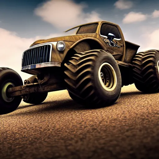 Image similar to A pug driving a monster truck, 8K, HDR, cinematic