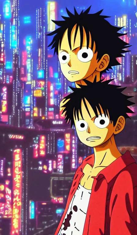 Image similar to anime fine details portrait of Luffy in front of cyberpunk moder city landscape on the background deep bokeh, close-up view, anime masterpiece by Studio Ghibli. 8k, sharp high quality anime, artstation