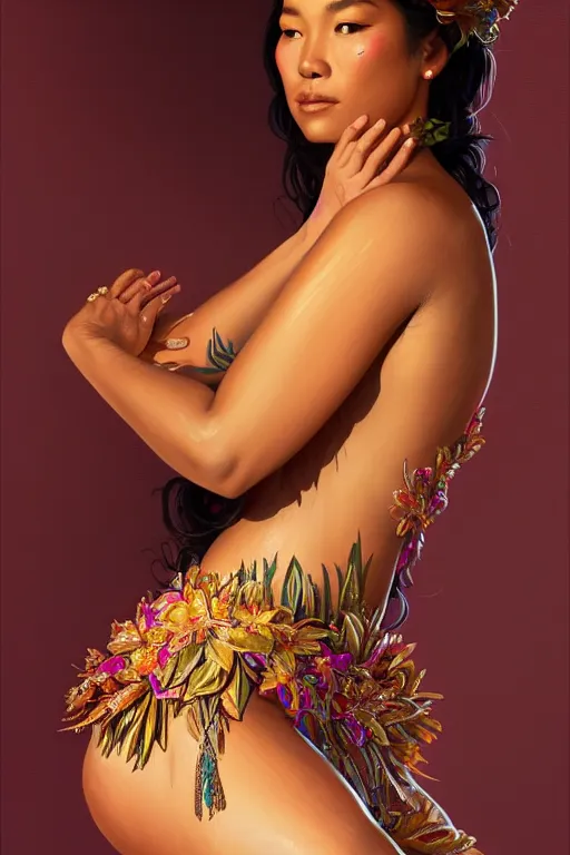 Image similar to body portrait of hawaiian queen wearing a lea, by terry o'neill intricate, elegant, highly detailed, digital painting, glistening skin, artstation, concept art, smooth, sharp focus, contrasting lighting, bright colors, dark background, illustration, art by artgerm and greg rutkowski and alphonse mucha, 8 k