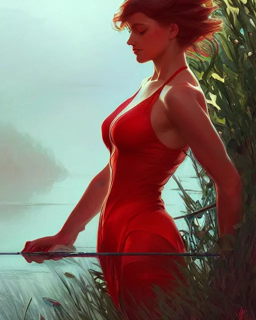 Prompt: emily rajtkowski, lake, red, highly detailed, digital painting, artstation, concept art, smooth, sharp focus, illustration, art by artgerm and greg rutkowski and alphonse mucha