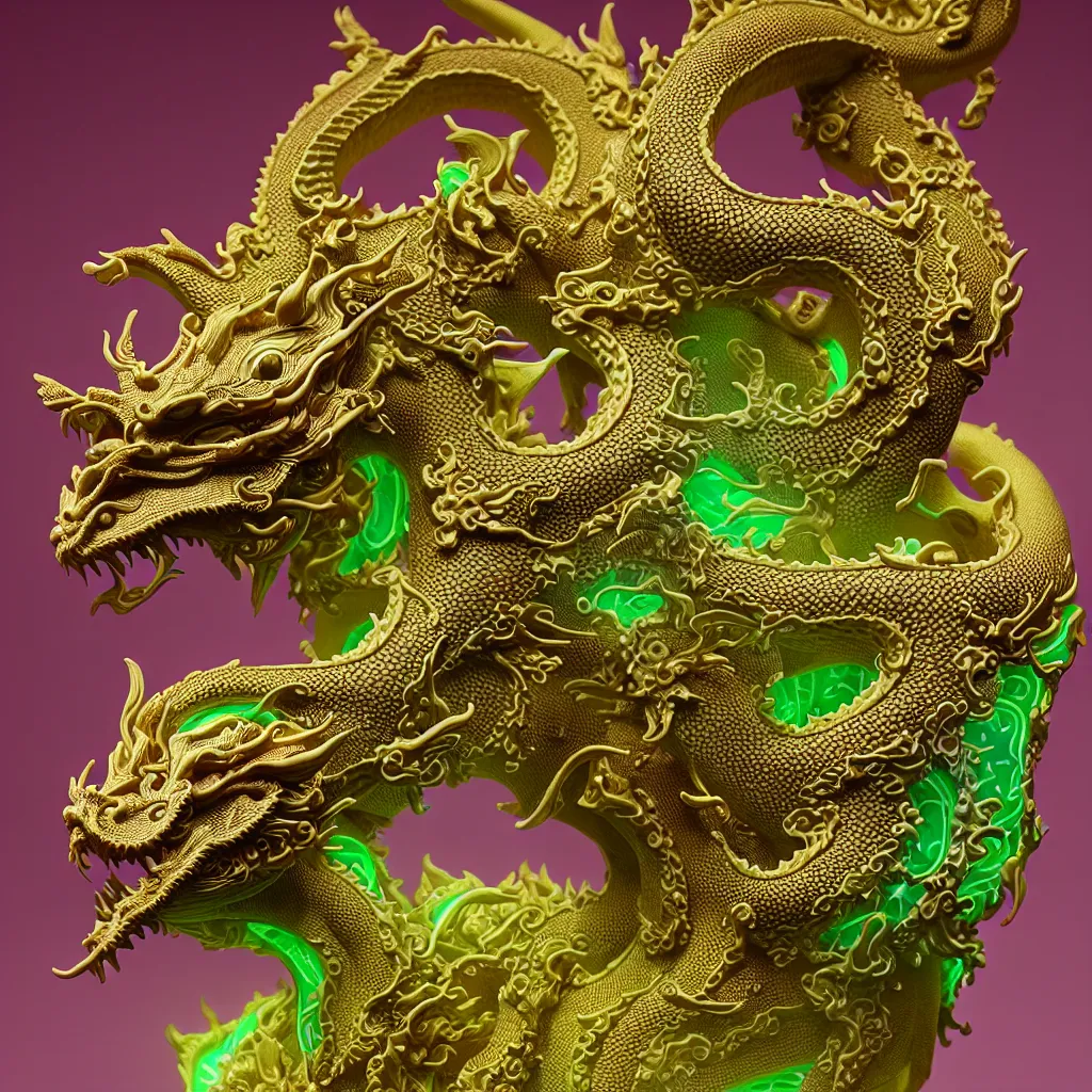 Image similar to a closeup photo - real delicate ceramic porcelain sculpture of an ornate detailed dragon in front of a intricate background by victo ngai and takato yamamoto, micro detail, backlit lighting, subsurface scattering, translucent, thin porcelain, octane renderer, gold and neon green, swirling pink aura, physically based rendering, japanese pottery, trending on cgsociety