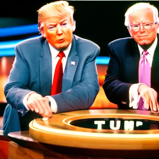 Prompt: Donald Trump Joe Biden and Bernie Sanders as contestants on The Wheel of Fortune, 35mm film