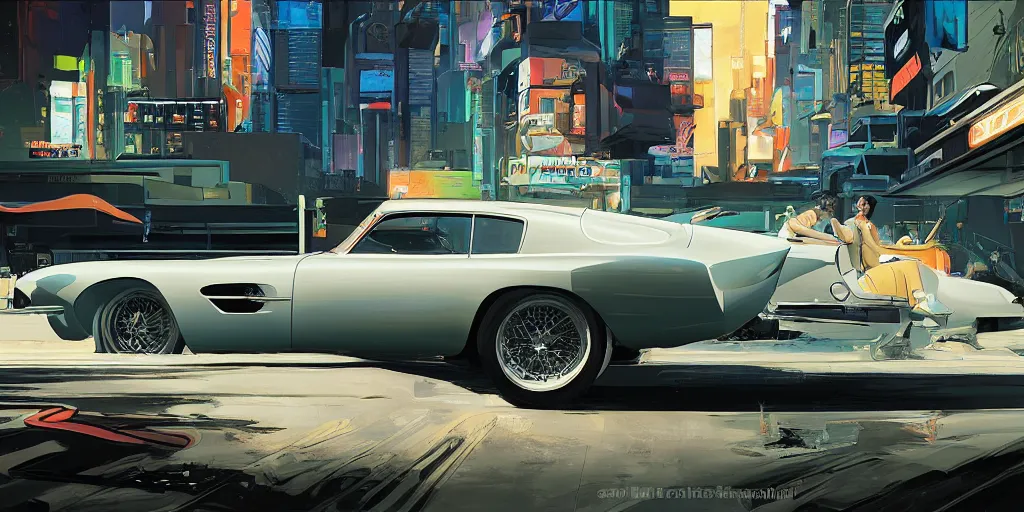 Image similar to art style by Ben Aronson and Edward Hopper and Syd Mead, wide shot view of the Cyberpunk 2077, on ground level. full view of the Aston Martin DB4 1958 with wide body kit modification and white pearl holographic paint.