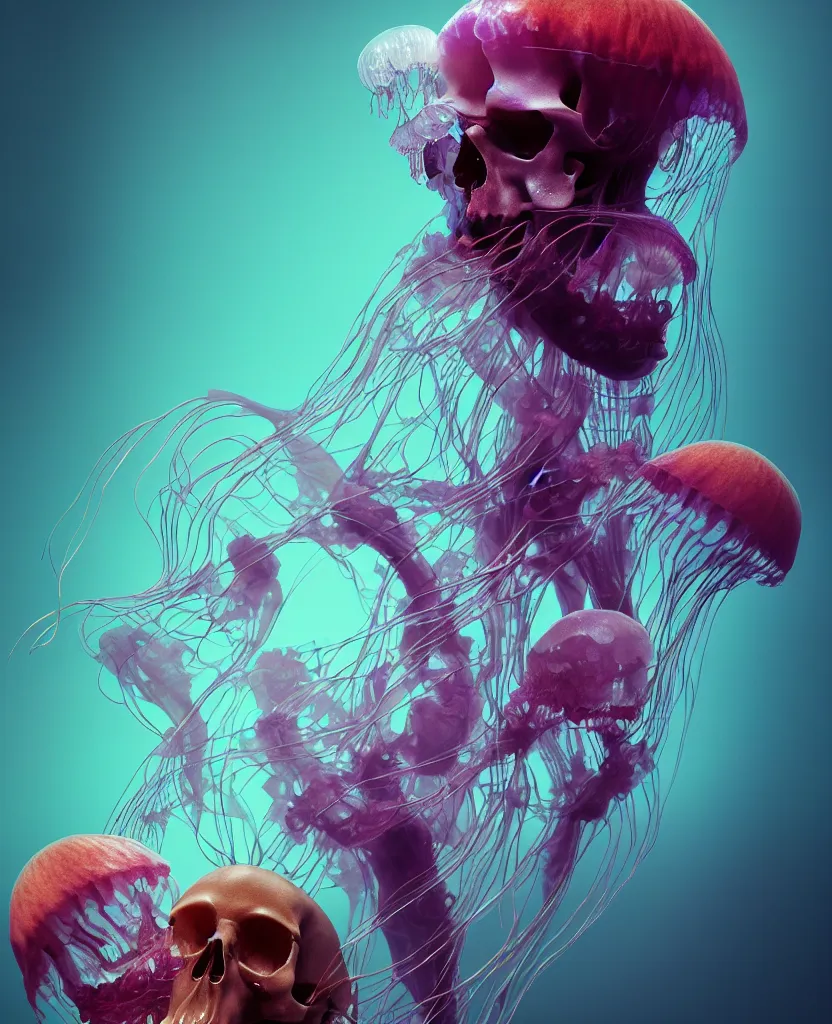 Image similar to composition of human skulls, animals skulls, bones, rib-cage. jellyfish orchids and betta fish, bioluminiscent, intricate artwork by Tooth Wu and wlop and beeple. octane render, trending on artstation, greg rutkowski very coherent symmetrical artwork. cinematic, hyper realism, high detail, octane render, 8k