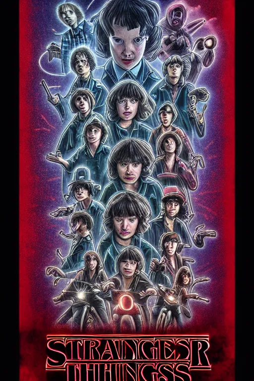 Image similar to Poster for the 5th season of Stranger Things, Demons, horror, pure evil, Series on Netflix, disaster, Hawkins, Vecna, Movie poster, poster, design, illustrative, Symmetry, Symmetrical, Border, Framed