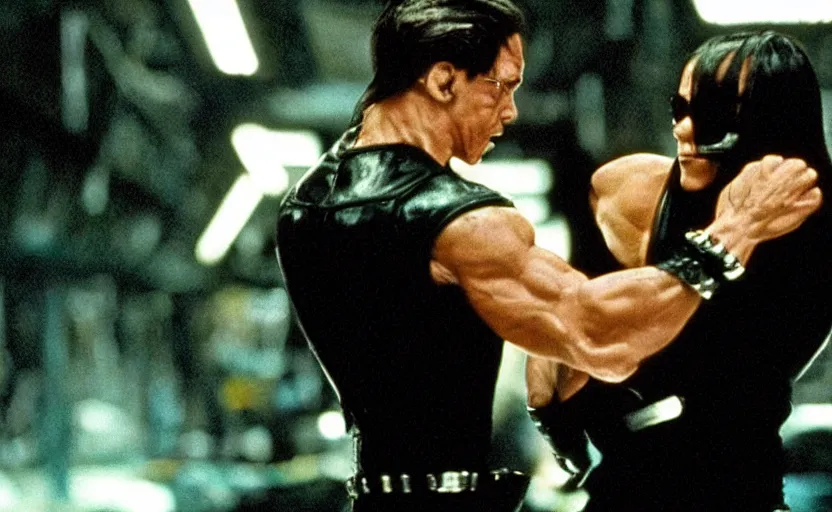 Image similar to Fight scene featuring Arnold Schwarzenegger in the movie the matrix 1999 fighting neo