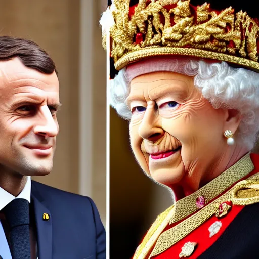 Image similar to Emmanuel Macron dressed as the queen of england, 50mm photography, high quality, 4K