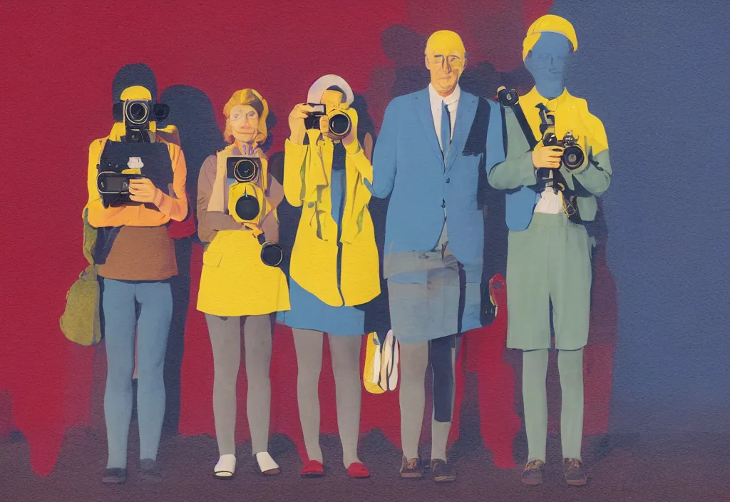 Image similar to full body portrait of a trio of european tourists with nikon cameras, character designs painting, in the style of wes anderson, rene magritte, lola dupre, david hockney, isolated on white background, dark monochrome neon spraypaint accents volumetric octane render