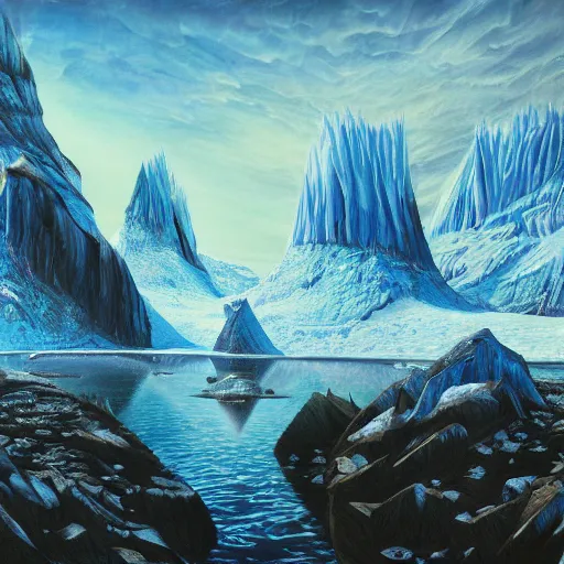 Image similar to epitome mysteries of Antarctica glacial cult mountain god, realistic fantasy, oil painting, extremely high detail, photorealistic, cinematic lighting, oil painting, intricate line drawings, 4k resolution