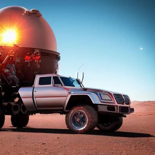 Image similar to 4 k hdr wide angle sony a 7 photo of a stainless steel shiny cybertruck surrounded by a mob of beautiful instagram model women protestors on mars during a blue martian sunset