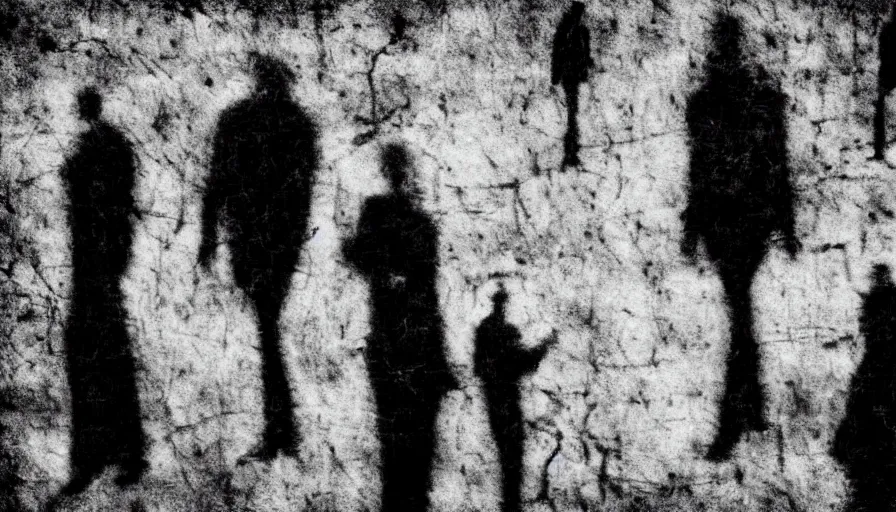 Image similar to dark abstract noisy blurry black and white disturbing old photograph full of mysterious black silhouettes, tim burton