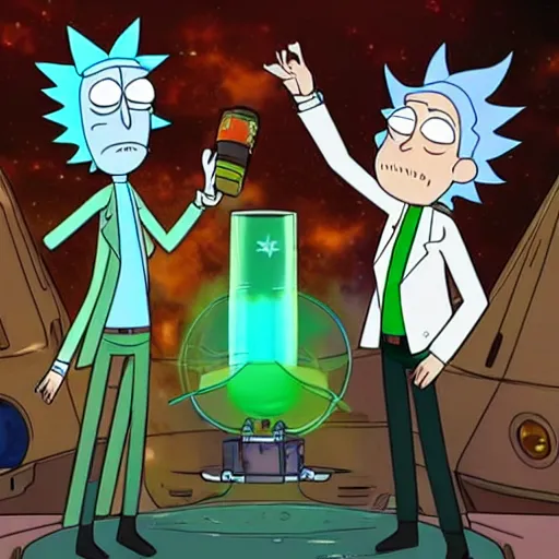 Image similar to rick sanchez and morty smith from rick and morty brewing a potion in space, amazing digital art, highly detailed