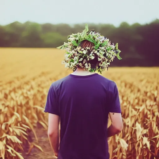 Image similar to kodak portra 8 0 0 photograph of a skinny blonde guy standing in a cornfield, flower crown, back view, grain, moody lighting, telephoto, 9 0 s vibe, blurry background, vaporwave colors!, faded!,