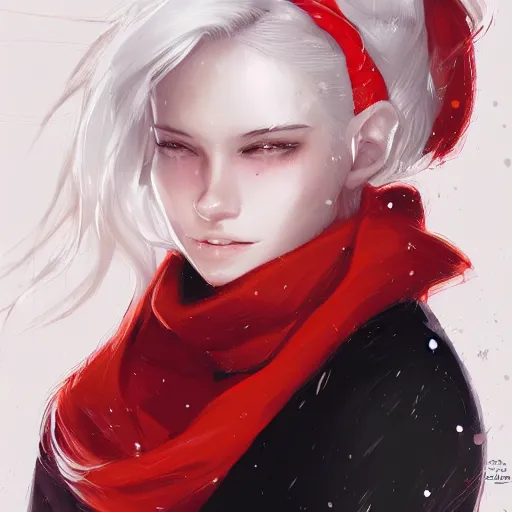 Image similar to portrait of a girl with white hair in a messy white hairbun. She is wearing a short black tshirt, jeans pants, a red scarf. magic atmosphere, digital art, character design. in the style of wlop, rossdraws, artstation trending