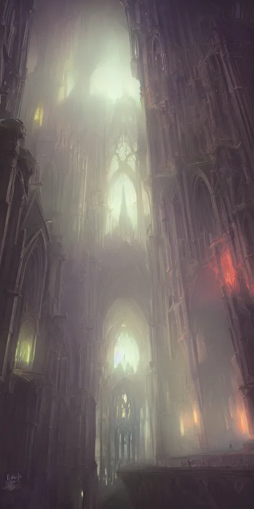 Prompt: infeior Gothic architecture,concept art, digital painting, style of jordan grimmer, warm lighting, futuristic, volumetric lighting, view from below, vivid colours, bright, nighttime, godrays, cinematic,high detail