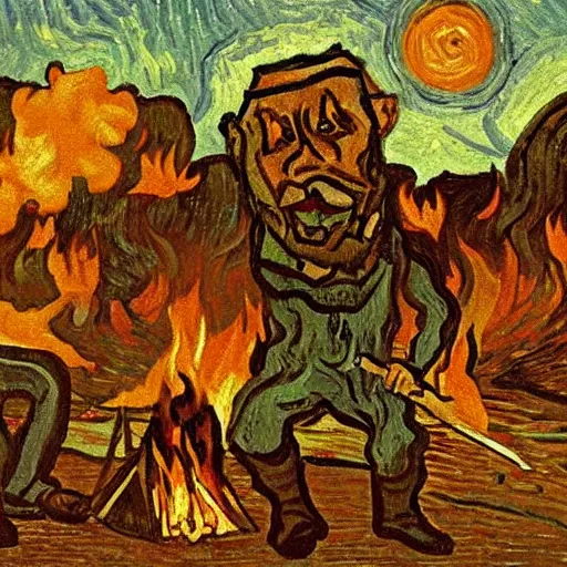 Image similar to painting of a man in hell making smores, by van gogh.