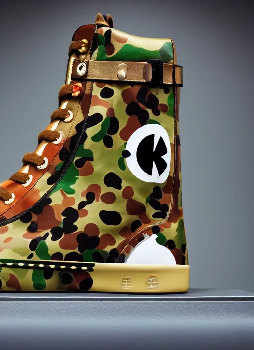 Image similar to hyperrealistic and heavy detailed product photo bape avant garde shoe of movie the fifth element, in front of white back drop, whole shoe is in picture, leica sl 2 5 0 mm, vivid color, high quality, high textured, real life