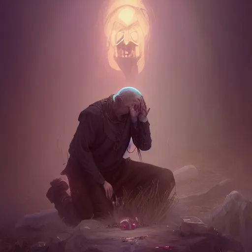 Image similar to an old necromancer kneeling down and sobbing trying to resurrect his dead friend, artstation, Grim fantasy,emotional, EOS R5, f/2.5 , illustration , concept art, award winning photograph, 8k, Alphonse Mucha style,