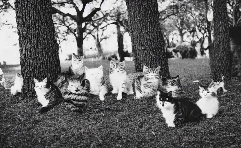 Prompt: pack of cats, on trees, on ground, wood by Hiroshi Nagai, lomography effect, analogue photo, unfocused, monochrome