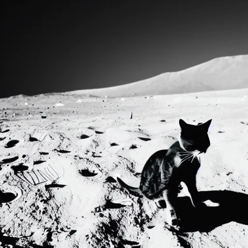 Prompt: black and white photo of a cat on the moon