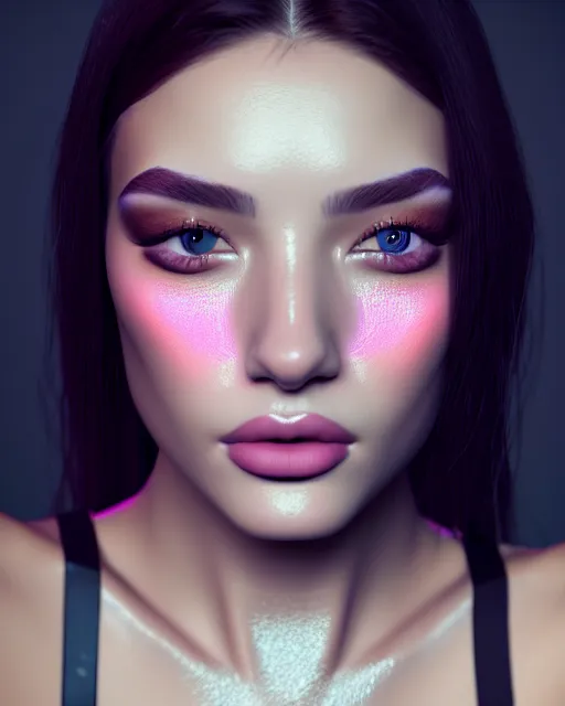 Image similar to beautiful female, attractive facial features, haze, model, intricate, symmetrical face, makeup, sephora, maybelline, studio, reflections, cinematic, filmic, vsco, concept art, artstation, elegant, model, gorgeous, vray, flim, octane render, ambient occlusion, prism details