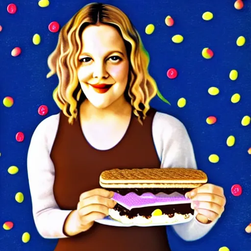 Prompt: drew barrymore inside smore!, bionic scifi, chocolate and graham cracker background