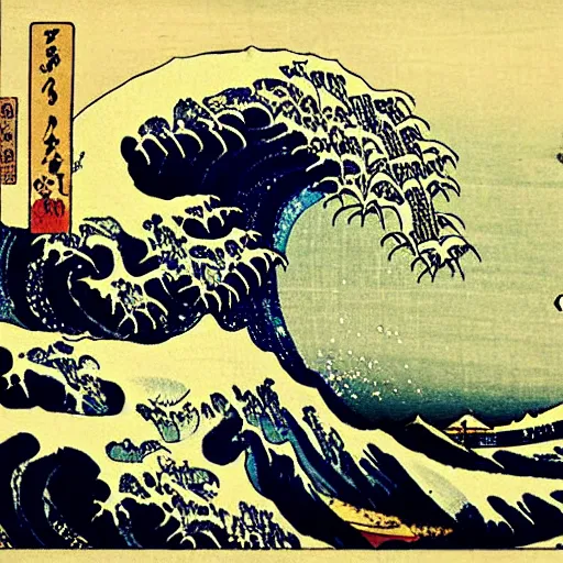 Prompt: surfing on a big wave, ukiyo-e by Utagawa Kuniyoshi