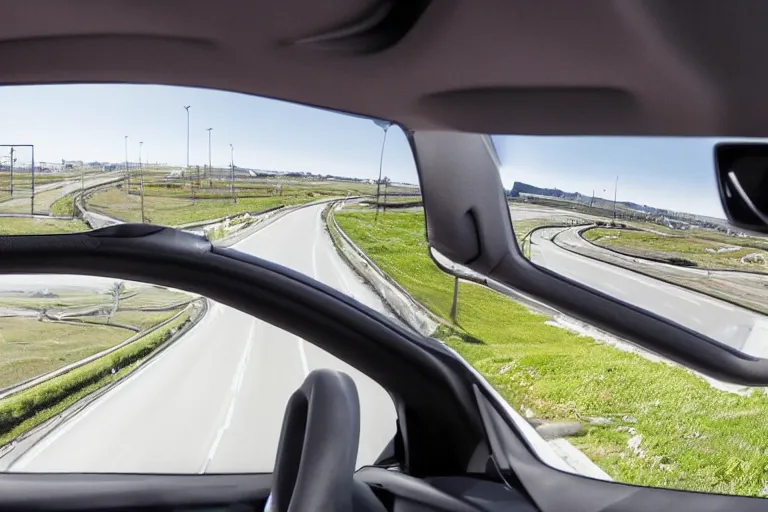 Image similar to a high-detailed picture from the inside of a driving autonomous car without people driving in a city, 8k, photo-realistic