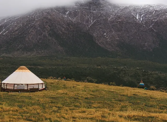 Prompt: a lone yurt on a hill overlooking cloudy mountains in the morning