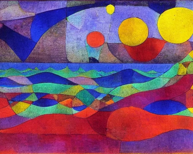 Image similar to Waves in the ocean. Sci-fi dreamworld. LSD. DMT. Paul Klee.